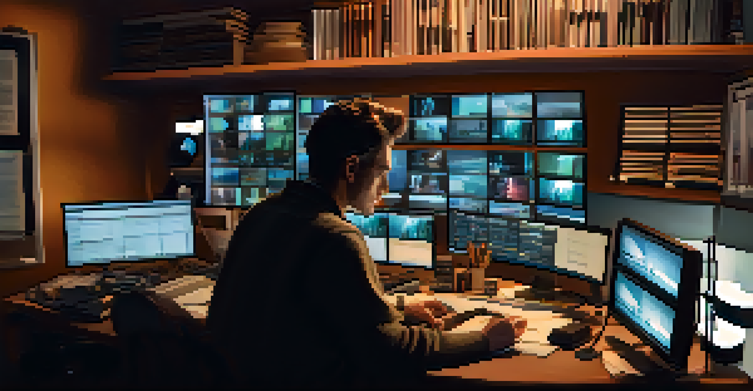 A film editor working at a dimly lit desk surrounded by multiple screens, film reels, and editing tools, focused on crafting a movie's narrative.