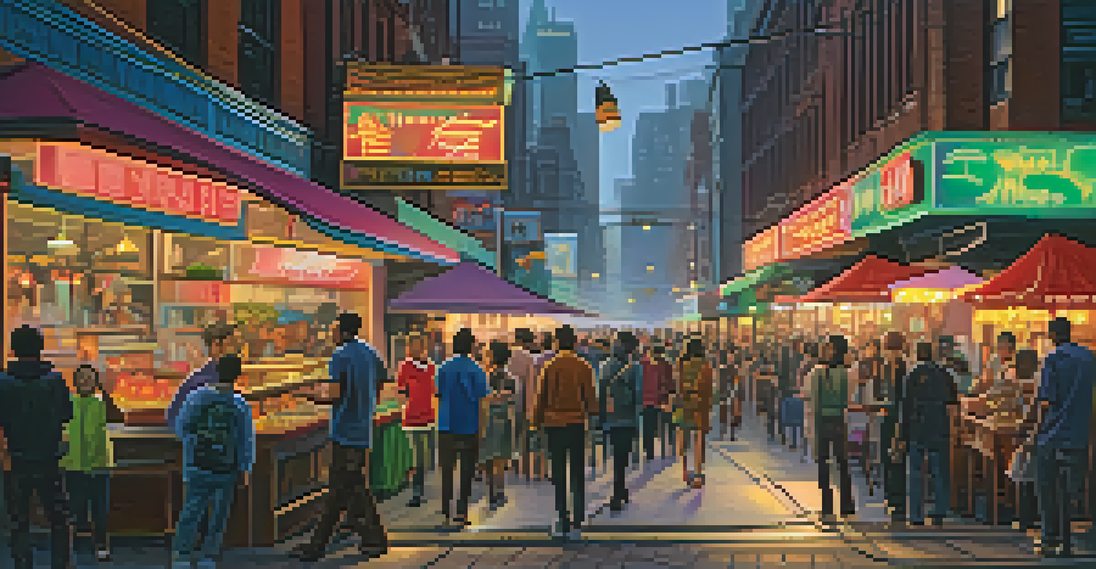 A vibrant urban street scene at night with neon lights, diverse people engaging in conversations, and food stalls.
