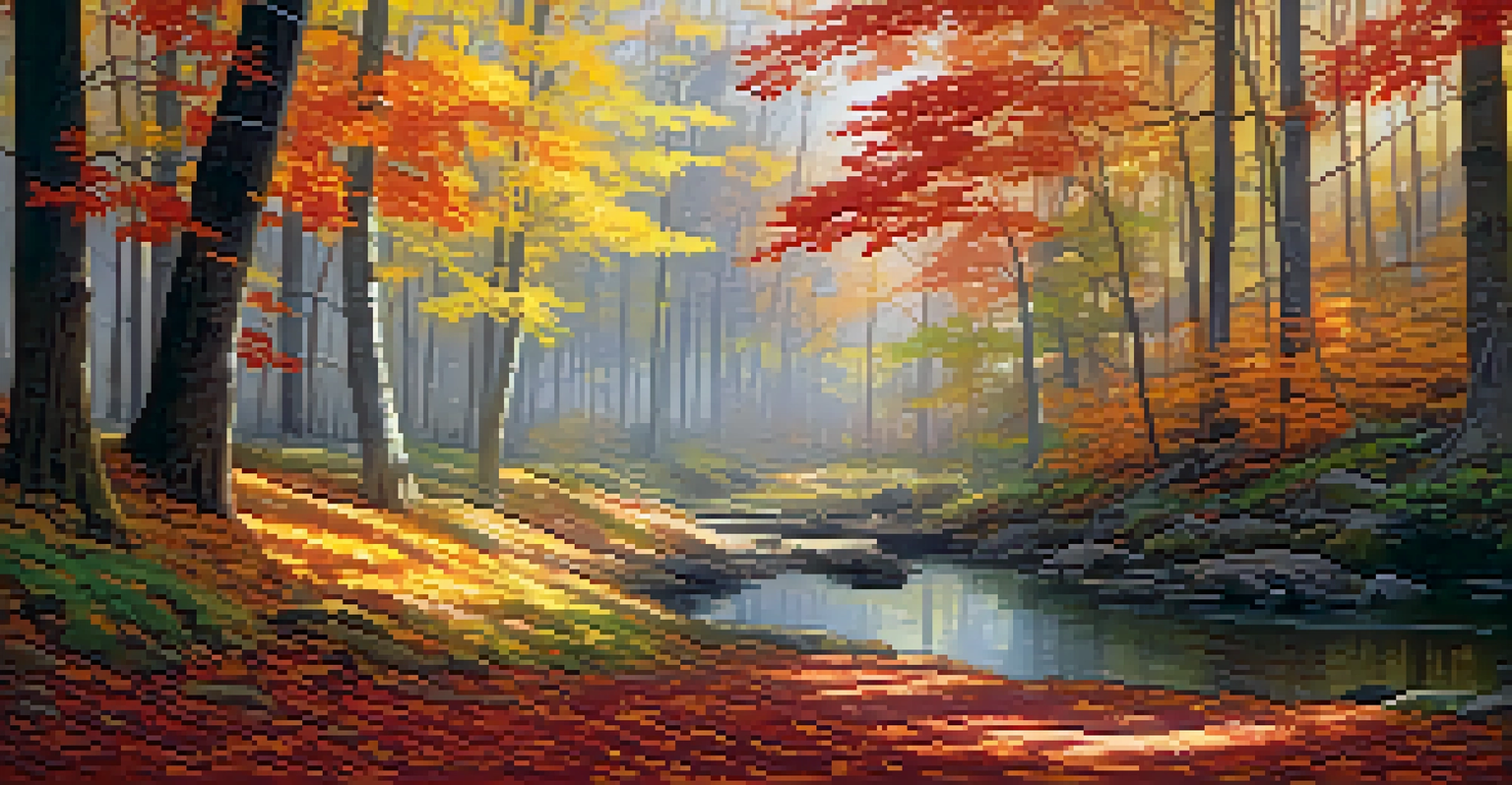 A picturesque autumn forest with colorful leaves, a winding path, and a pond reflecting the scenery.