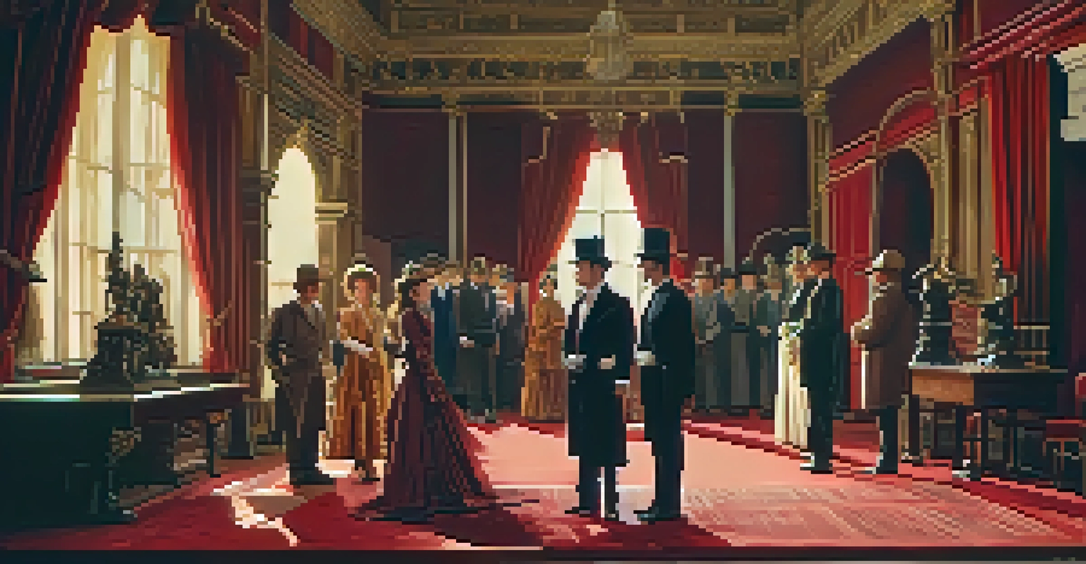 A dramatic film set with actors in period costumes and vintage props.