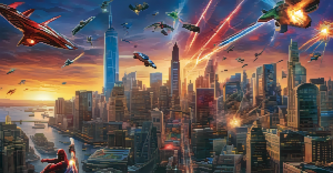 A colorful poster showcasing superhero characters from Marvel and DC against a sunset cityscape, with dramatic lighting and energy explosions.