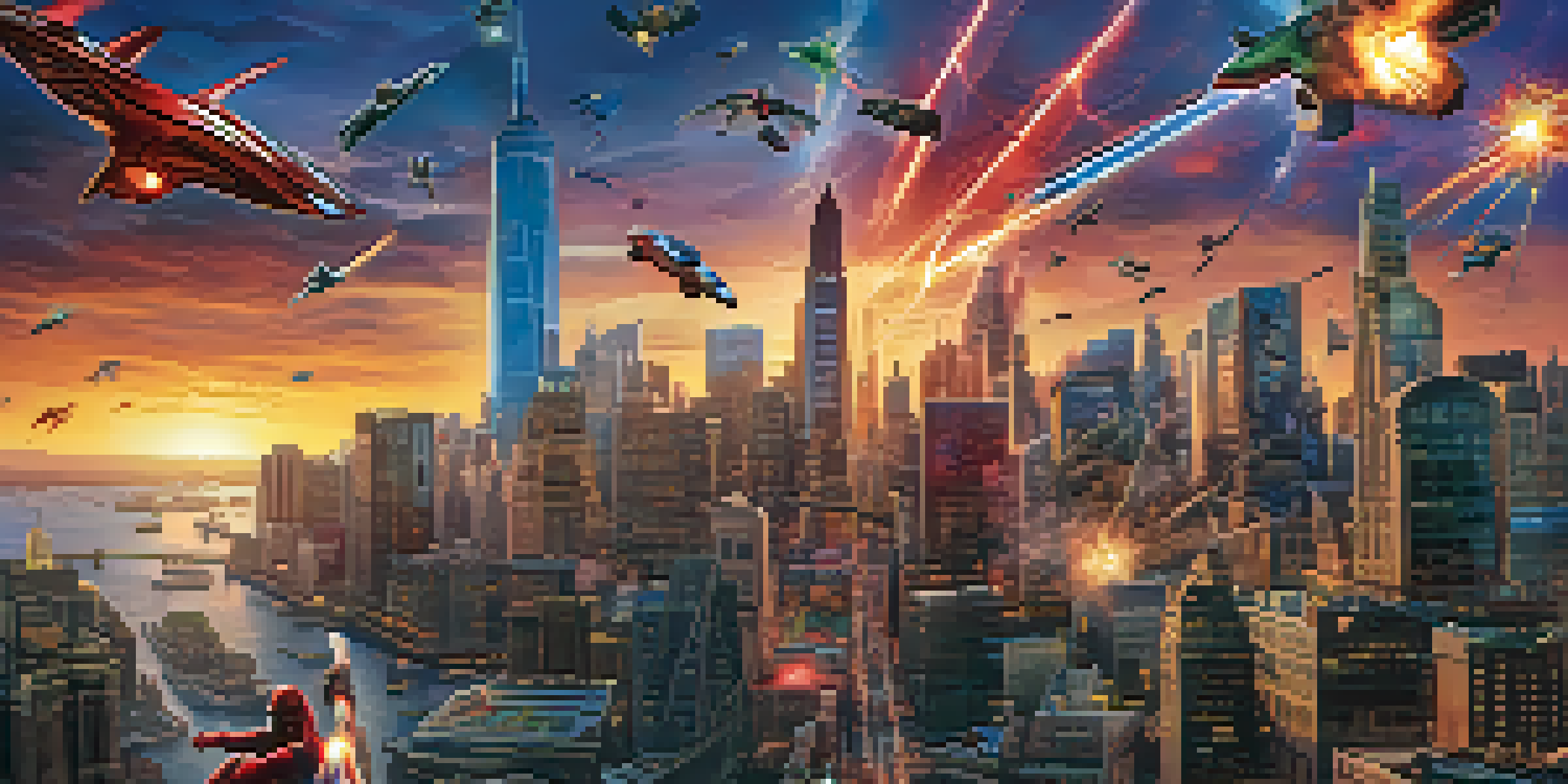 A colorful poster showcasing superhero characters from Marvel and DC against a sunset cityscape, with dramatic lighting and energy explosions.