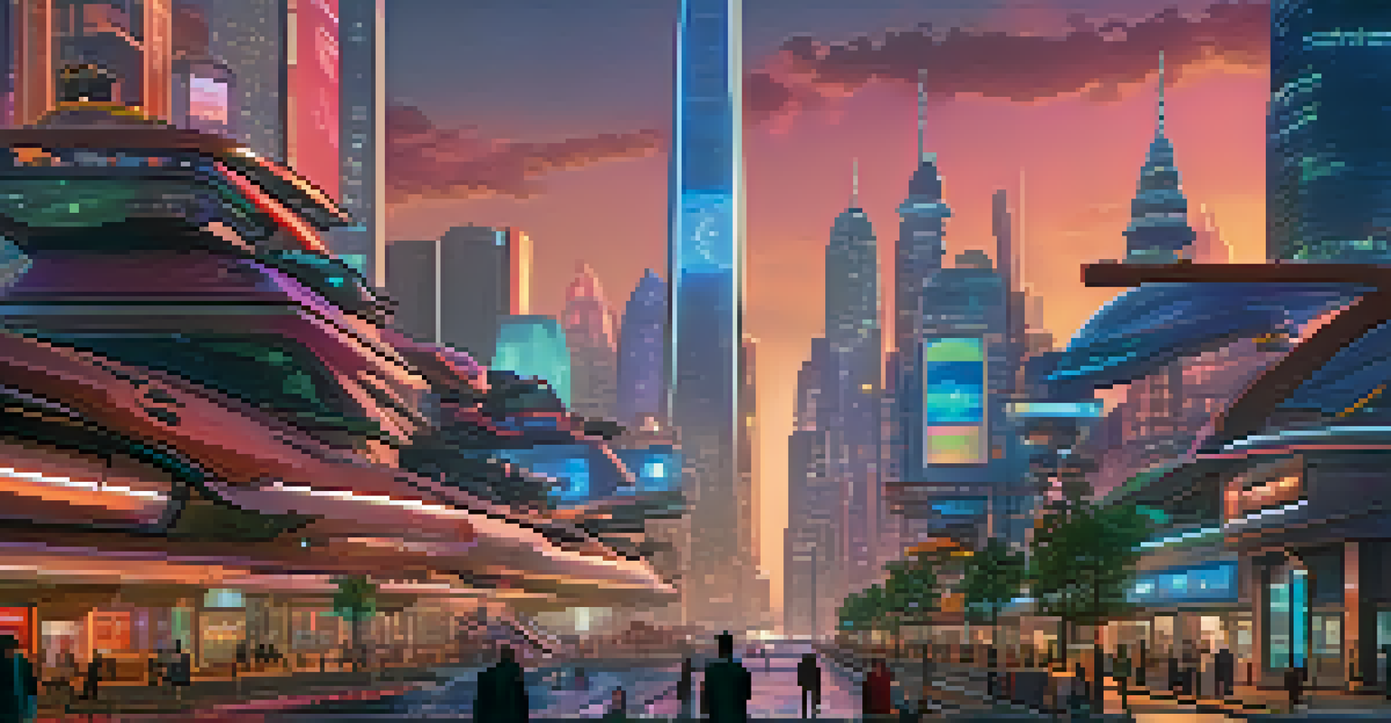 A futuristic 3D animated cityscape with skyscrapers and flying vehicles illuminated by a warm sunset glow.