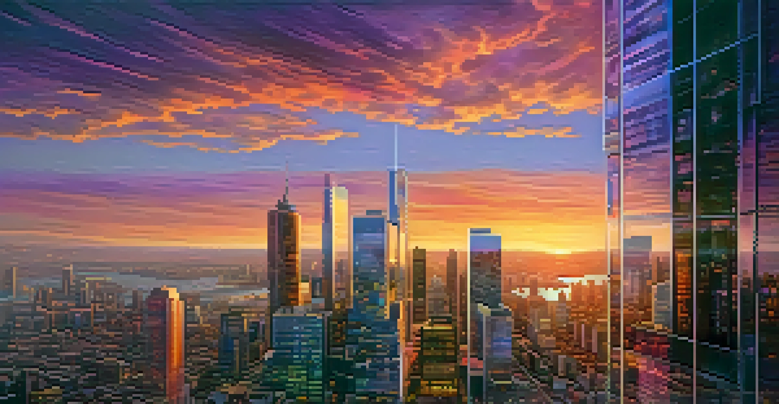 An aerial view of a vibrant cityscape at sunset with drones flying above and colorful sky reflections.