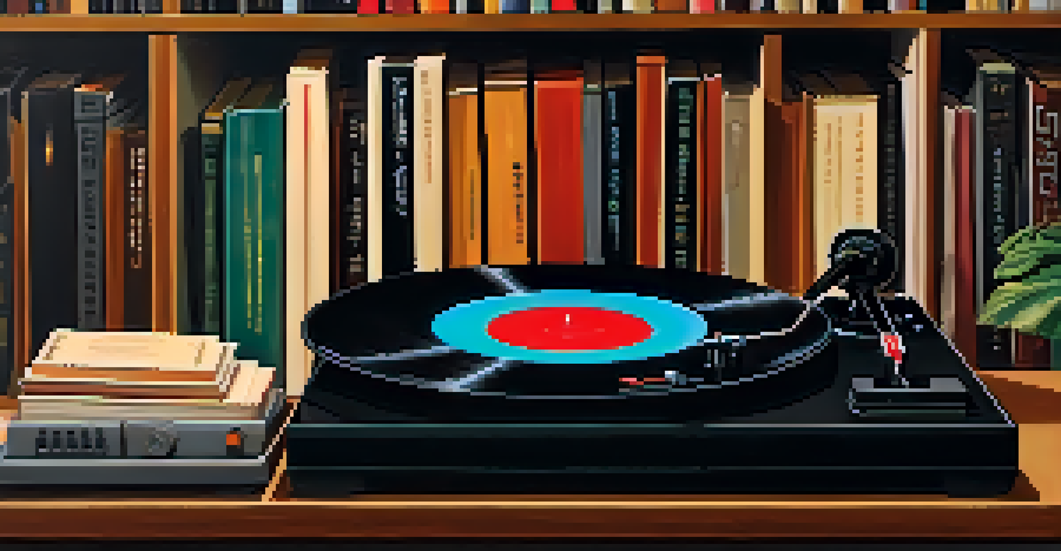 A close-up of a spinning vinyl record on a turntable in a cozy living room with a warm glow from a vintage lamp.