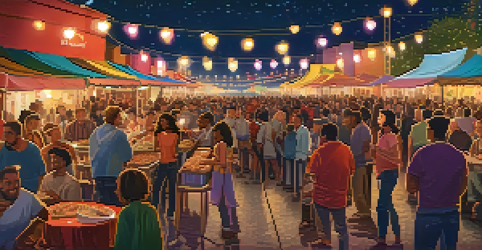 A colorful outdoor film festival with a large screen showing a movie, diverse audiences watching, and food stalls in the background.