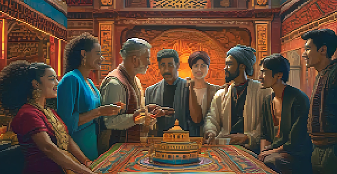A diverse group of actors from different cultures working together on a film set, surrounded by vibrant cultural elements and warm lighting.