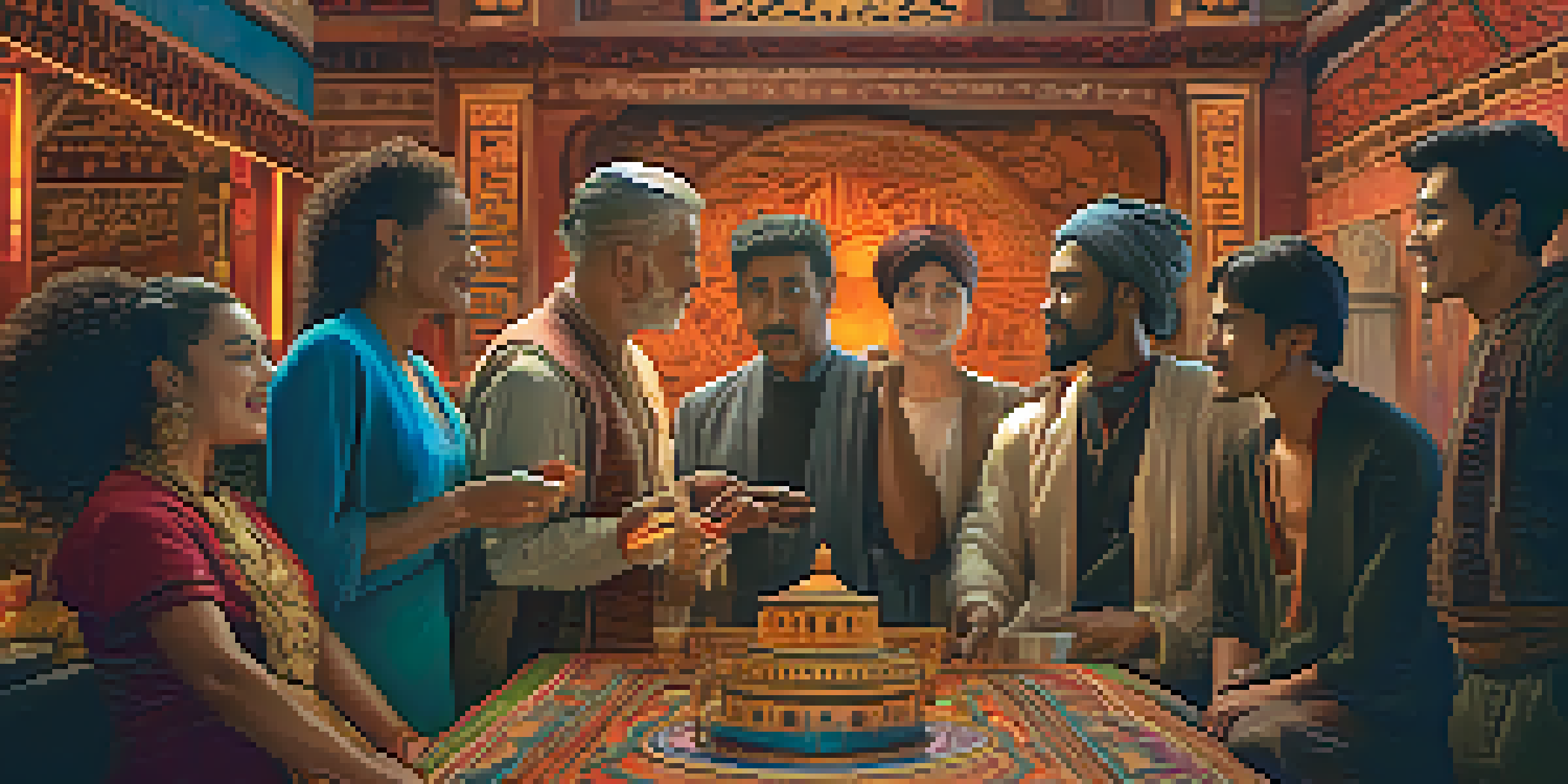 A diverse group of actors from different cultures working together on a film set, surrounded by vibrant cultural elements and warm lighting.