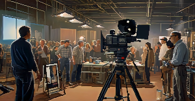 A film producer on set with crew members, overseeing the production process.