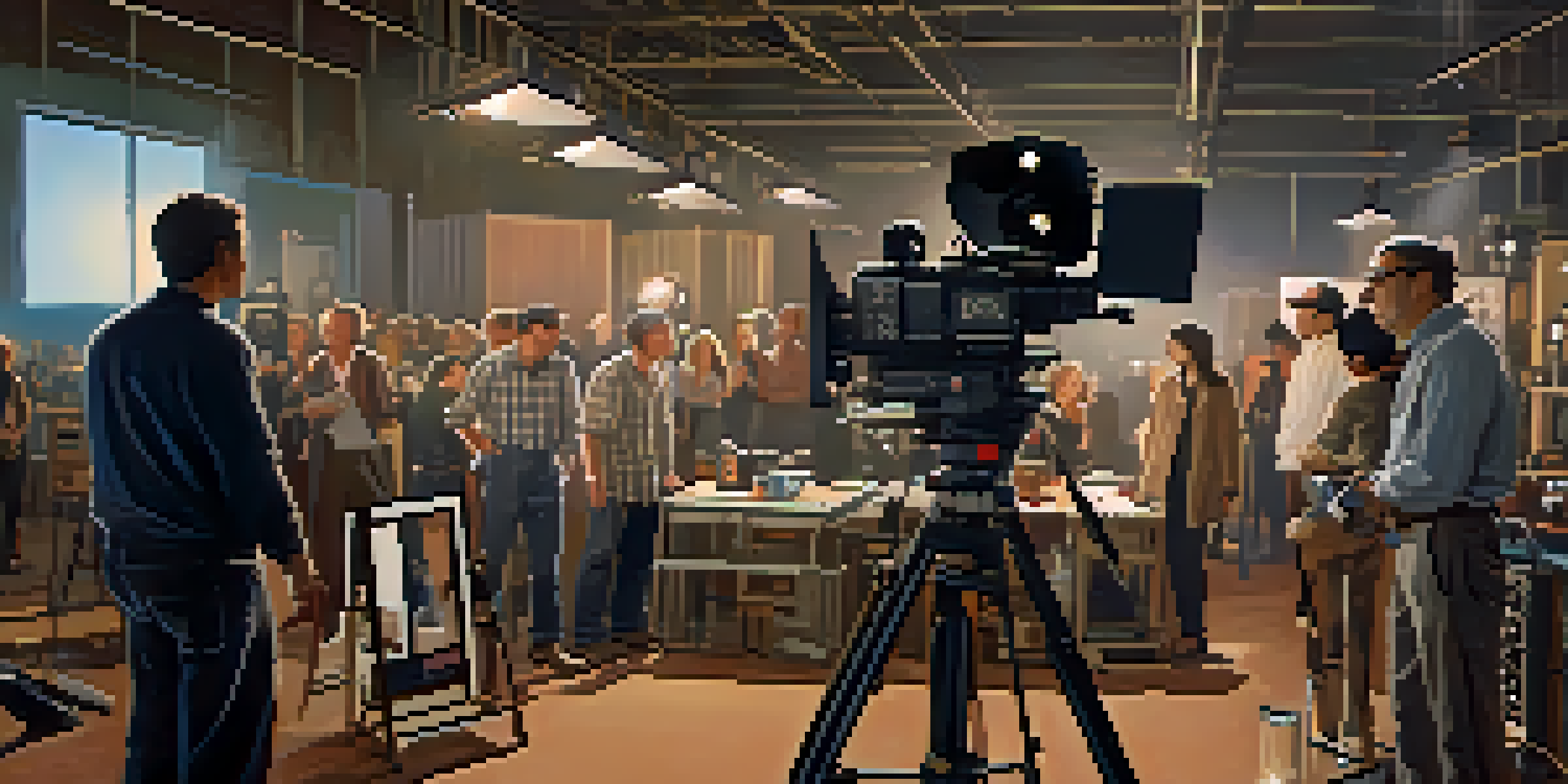 A film producer on set with crew members, overseeing the production process.