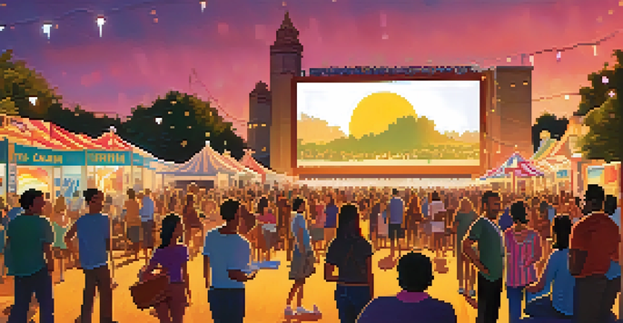 A lively outdoor film festival with diverse attendees enjoying the atmosphere, an outdoor screen showing a movie, and colorful decorations.