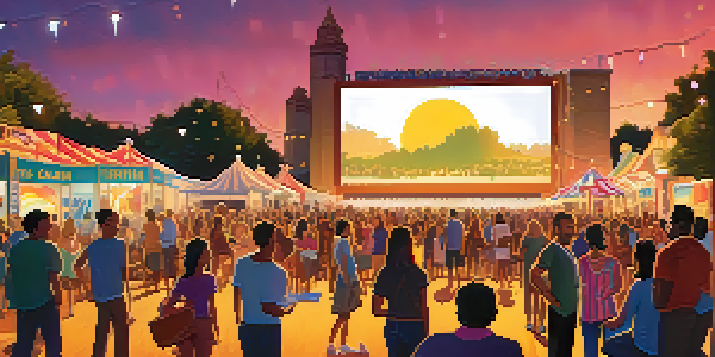 A lively outdoor film festival with diverse attendees enjoying the atmosphere, an outdoor screen showing a movie, and colorful decorations.