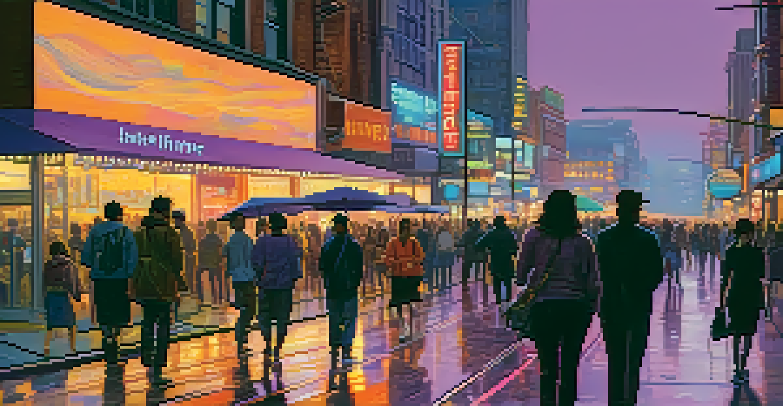 A lively city street at twilight with neon lights reflecting on wet pavement and a colorful sunset sky.