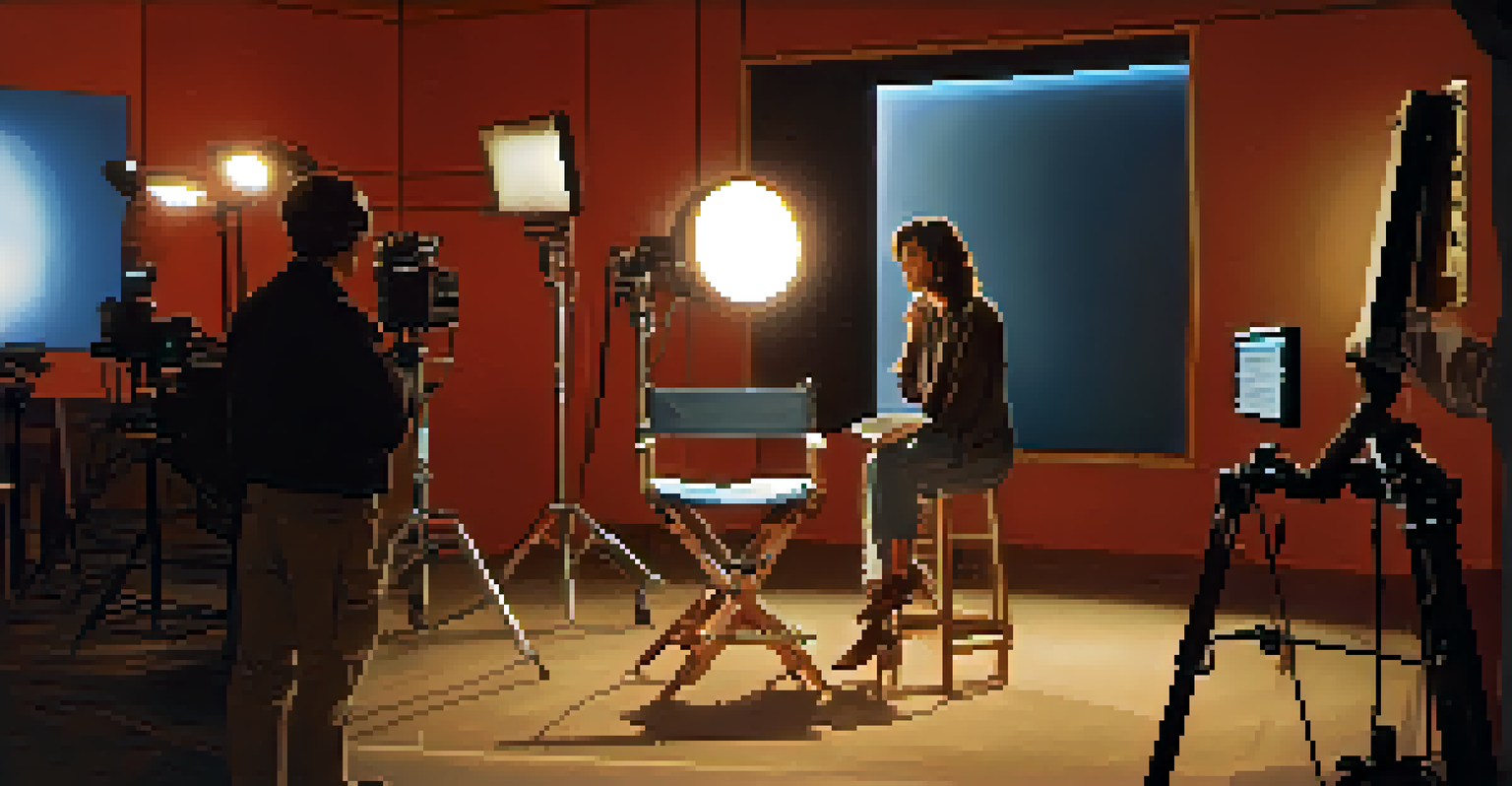 A film set with a director's chair, a camera aimed at an actress in a recording booth, and crew members working together.