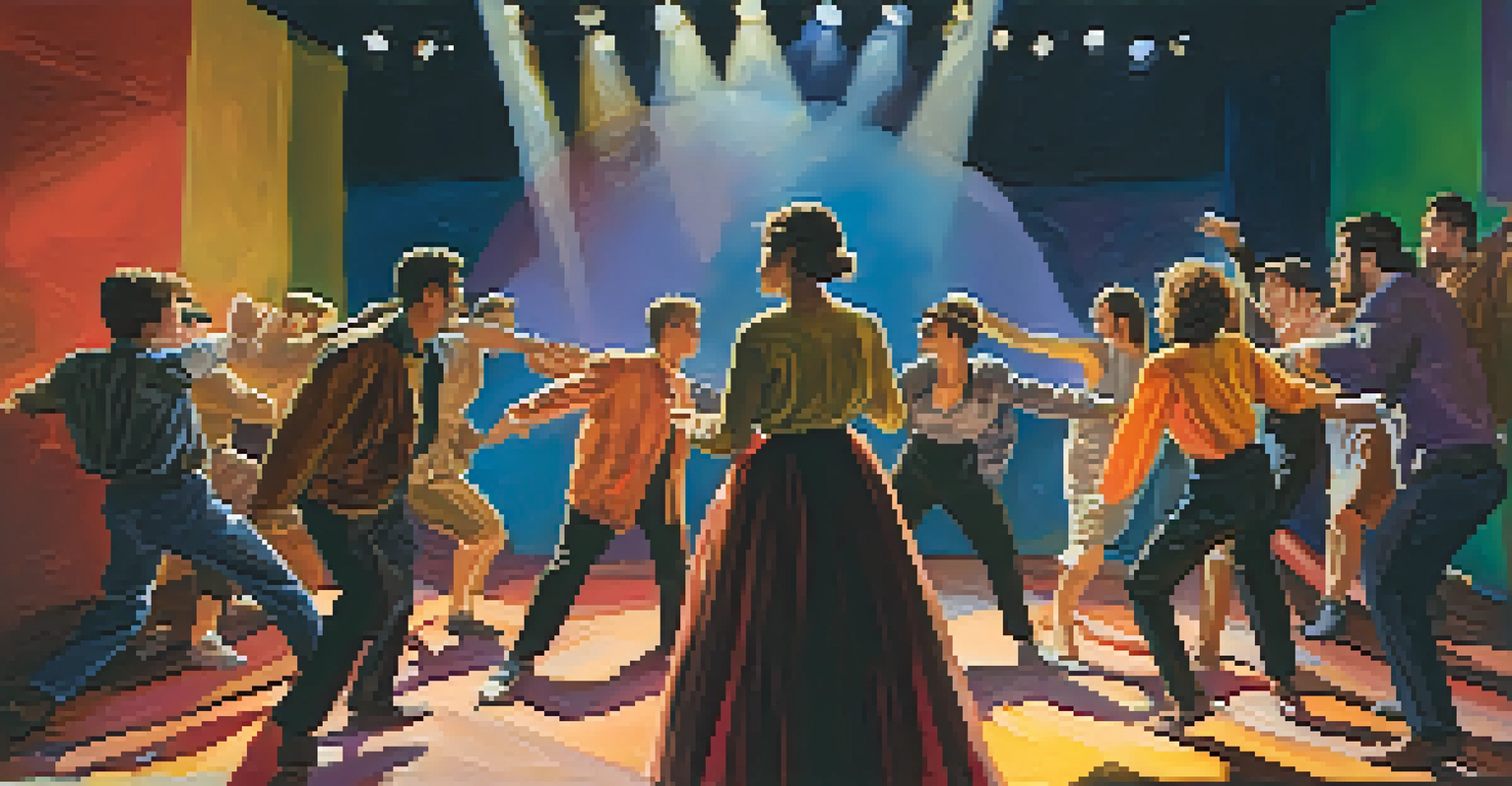 A group of actors in a vibrant rehearsal scene, one actor expressing strong emotions while others react, with colorful props and dramatic stage lighting.