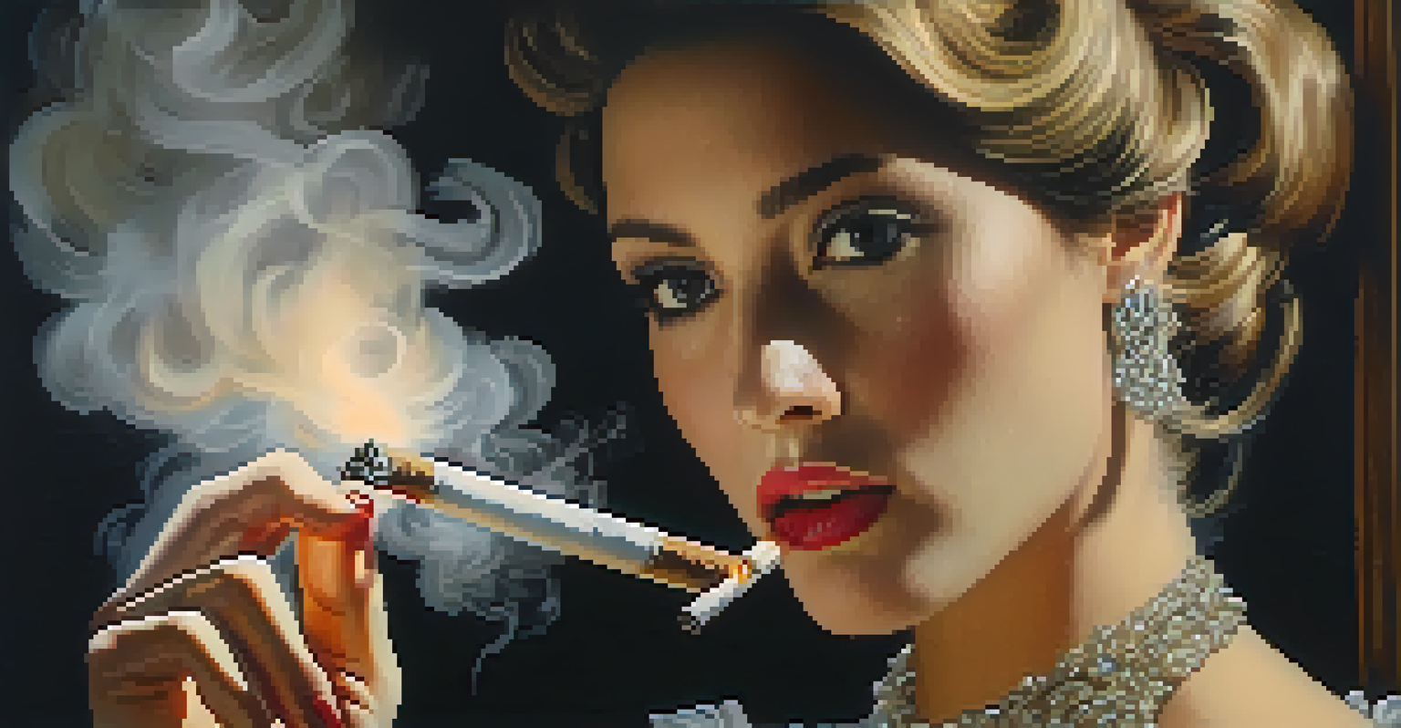 A close-up of a woman's hand holding a cigarette with smoke swirling around, embodying the femme fatale character in Film Noir.