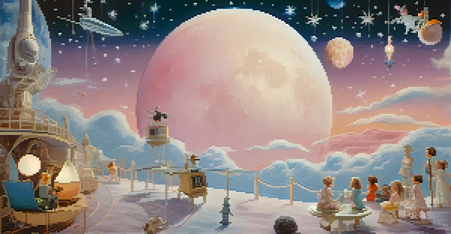 A whimsical moon landscape inspired by Georges Méliès' film, featuring a rocket ship and playful characters in vintage costumes.
