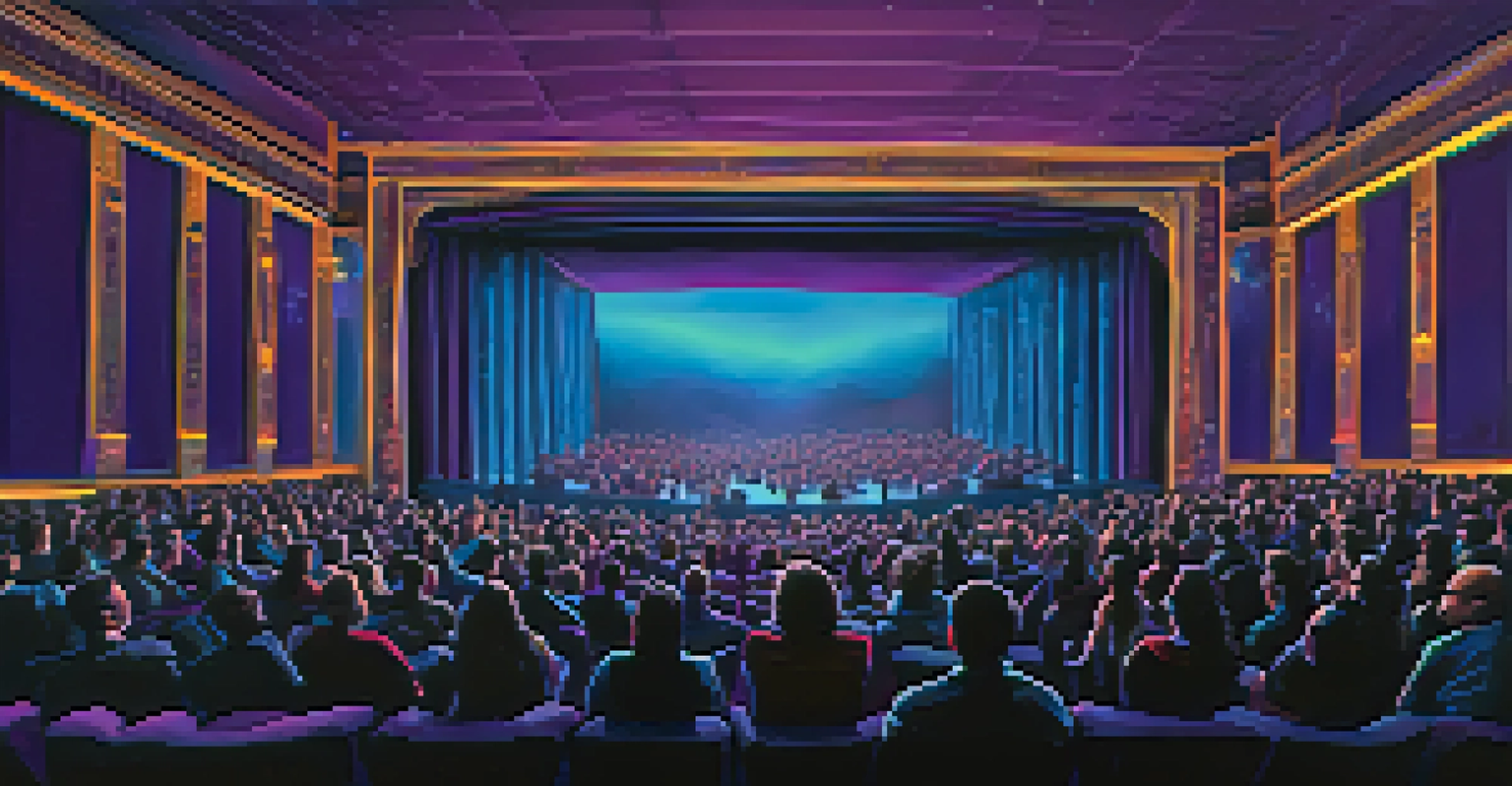A theater filled with an audience engaged in an immersive 3D audio experience with colorful sound waves.