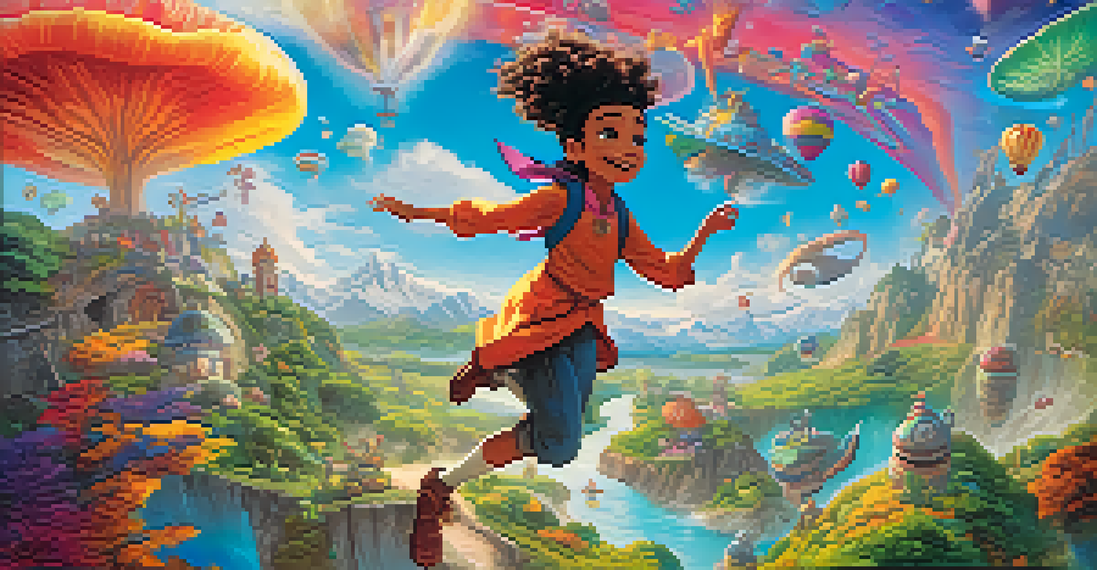 A character emerging from a movie screen into a colorful, fantastical world filled with animated creatures and vibrant landscapes.
