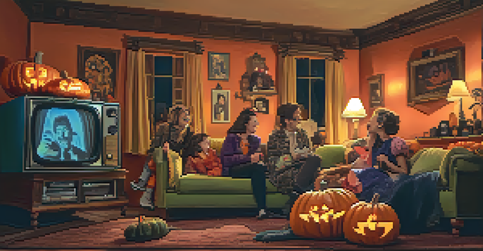 A cozy living room decorated for Halloween with friends in costumes watching a horror-comedy film on a vintage television.