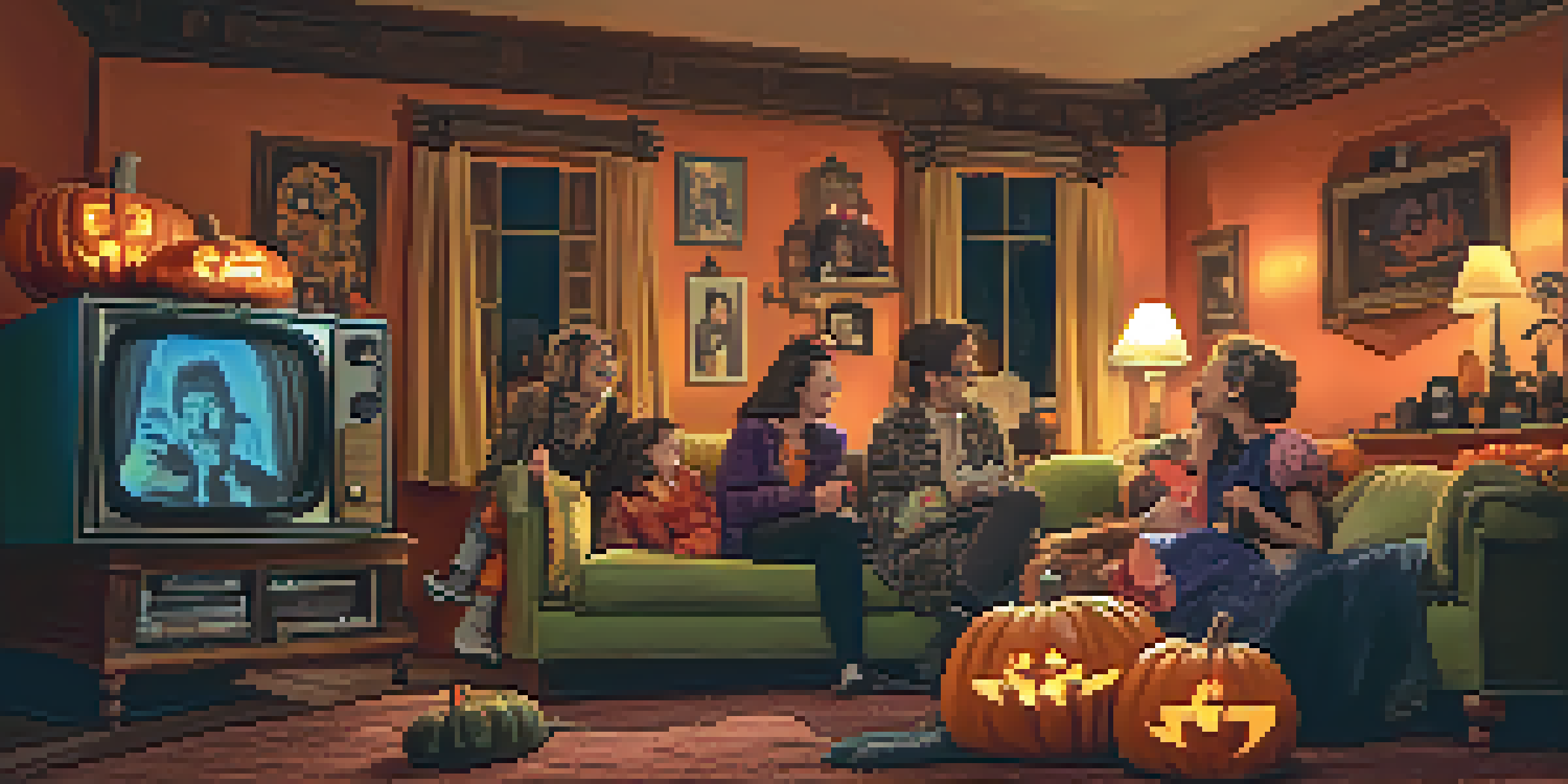 A cozy living room decorated for Halloween with friends in costumes watching a horror-comedy film on a vintage television.