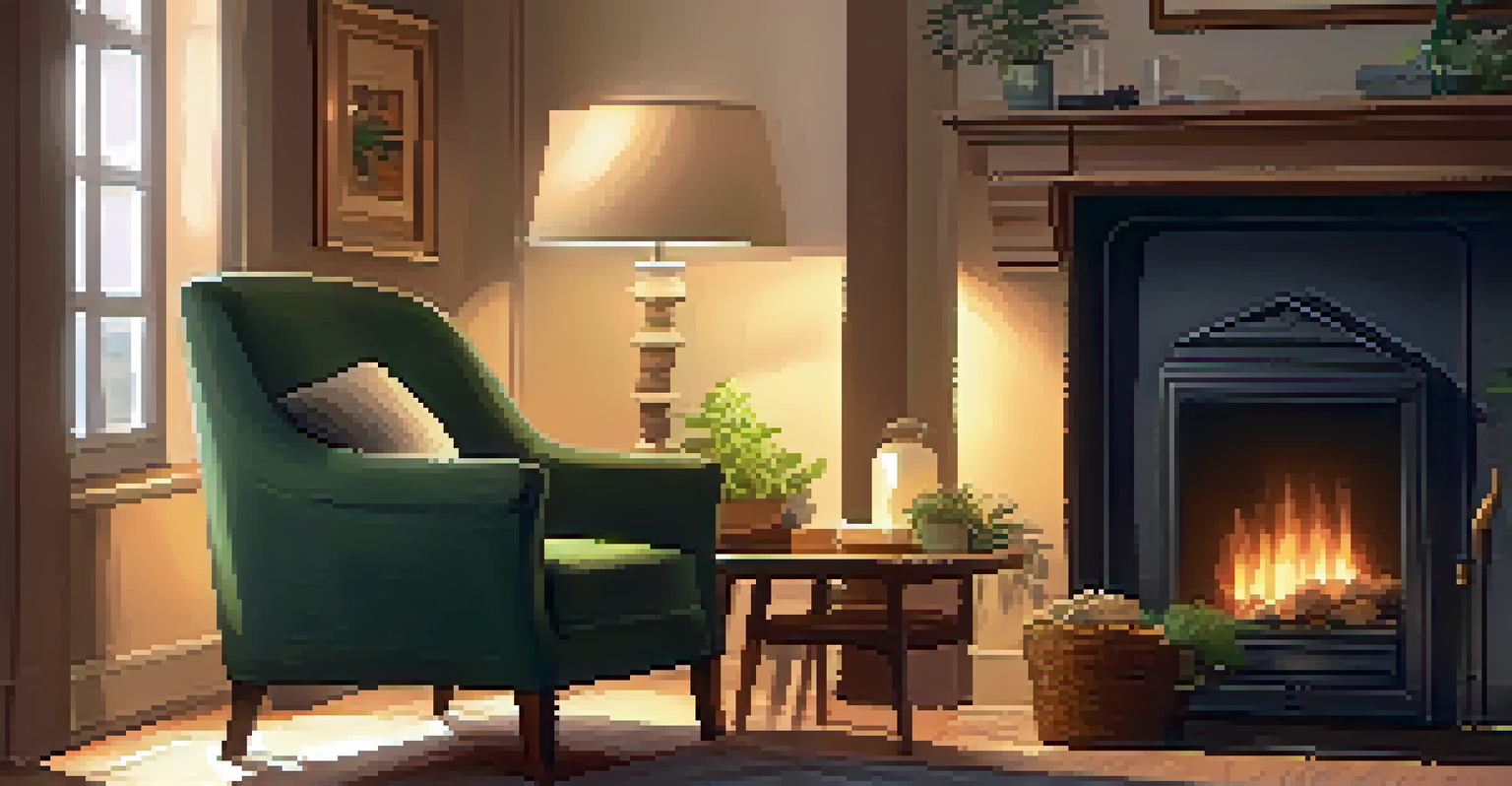 A cozy living room with a fireplace, an armchair, and a potted plant, softly lit for a warm ambiance.