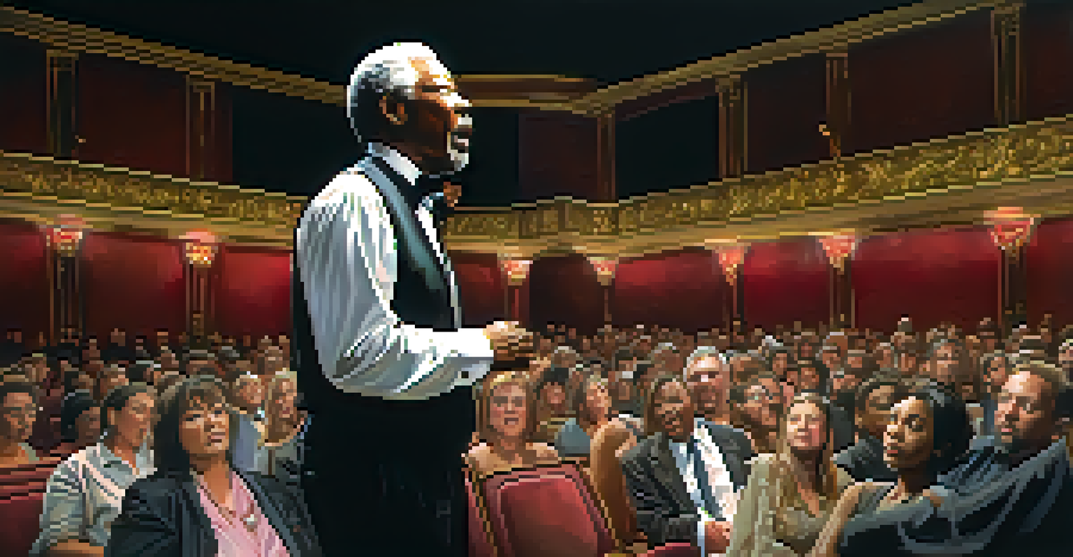 An actor resembling Morgan Freeman delivering a moving monologue on stage with dramatic lighting.