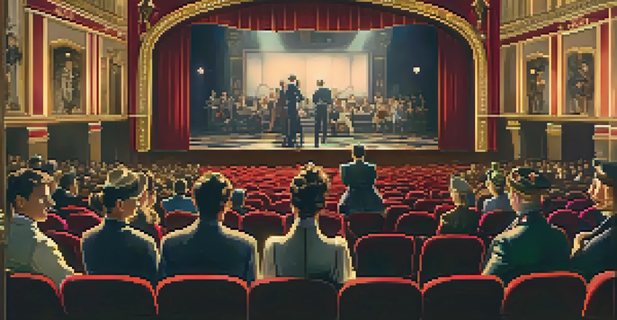 A vintage cinema filled with audience members watching a silent film, dressed in early 20th-century clothing, with ornate decorations and warm lighting.