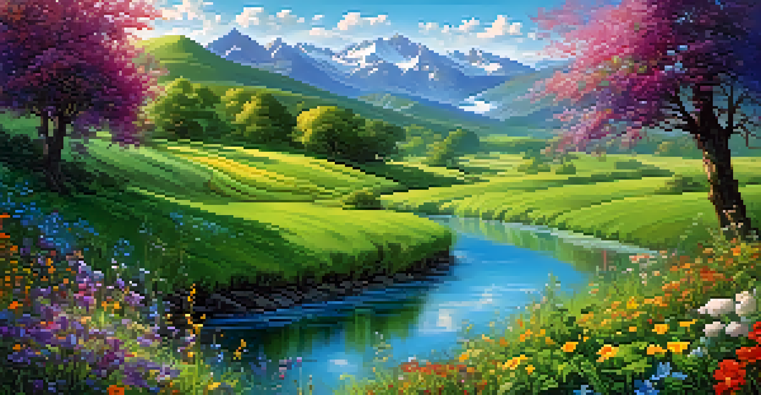 A colorful fantasy landscape with meadows and a sparkling river under a blue sky.