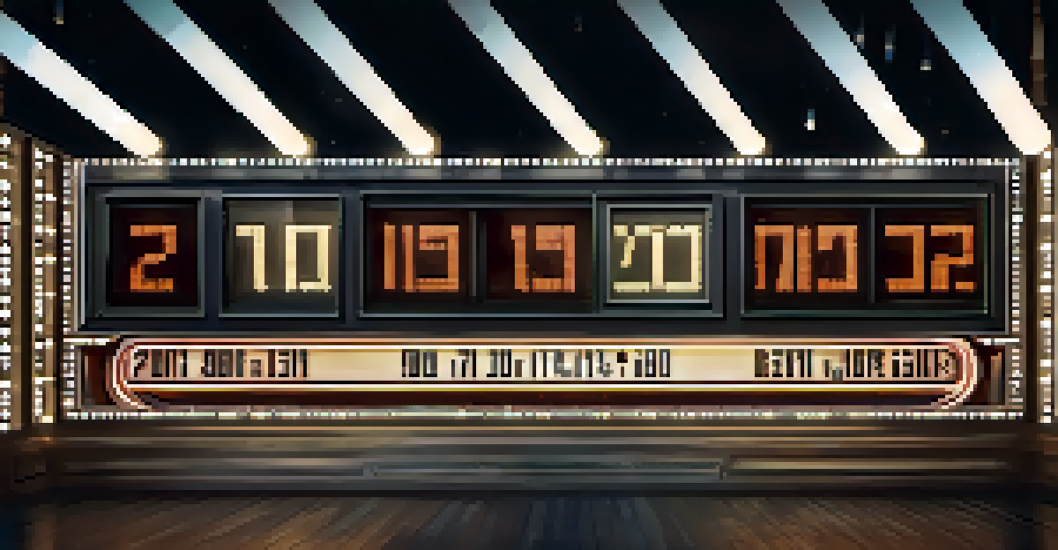 A digital countdown clock on a screen, counting down to a film trailer release, surrounded by film reels and spotlights in a dark theater setting.