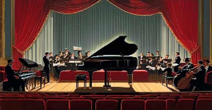 A vintage theater scene with a live pianist and an audience dressed in 1920s attire, illuminated by warm stage lights.