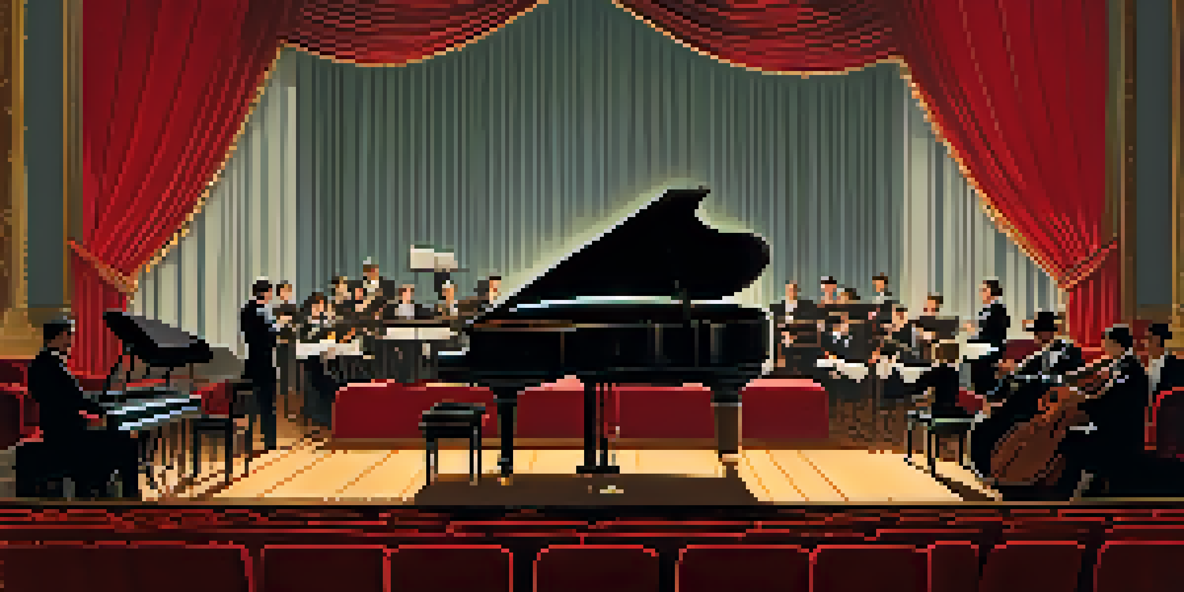 A vintage theater scene with a live pianist and an audience dressed in 1920s attire, illuminated by warm stage lights.