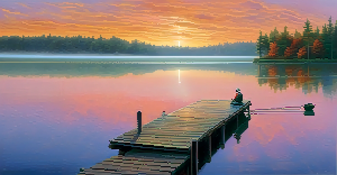 A peaceful lakeside at sunrise with a wooden dock and a fisherman casting his line into the water, surrounded by trees and mist.