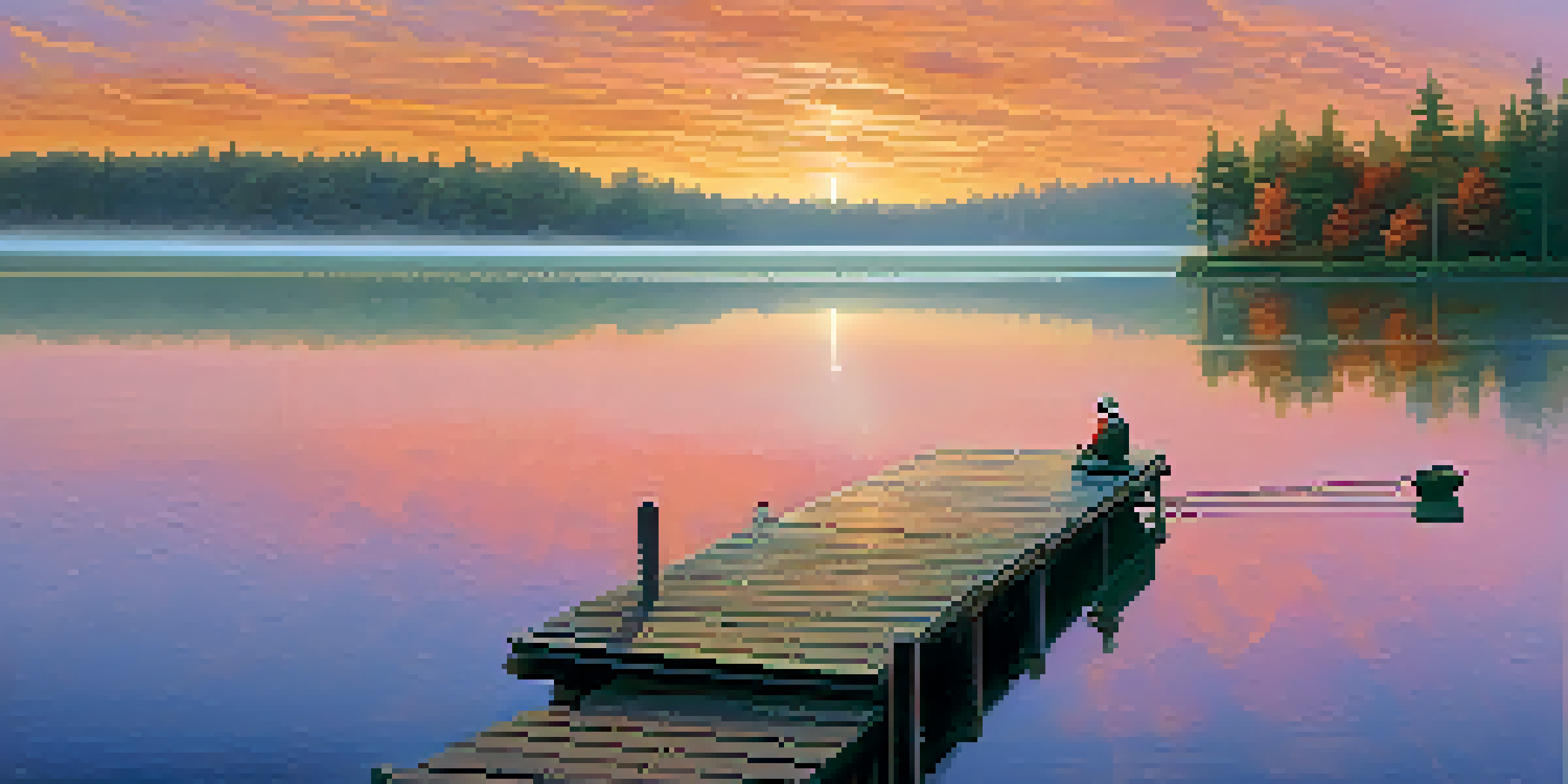 A peaceful lakeside at sunrise with a wooden dock and a fisherman casting his line into the water, surrounded by trees and mist.