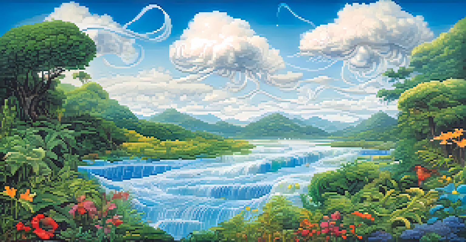 An animated depiction of the water cycle, showing a water droplet's journey through evaporation, condensation, and precipitation in a vibrant landscape.