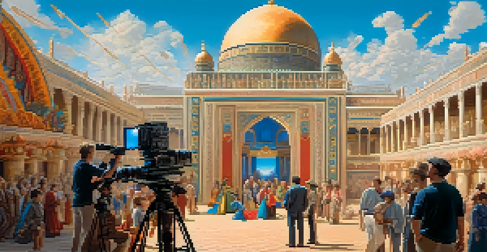 A film set with a director discussing a scene with actors in costumes, surrounded by crew members adjusting equipment.