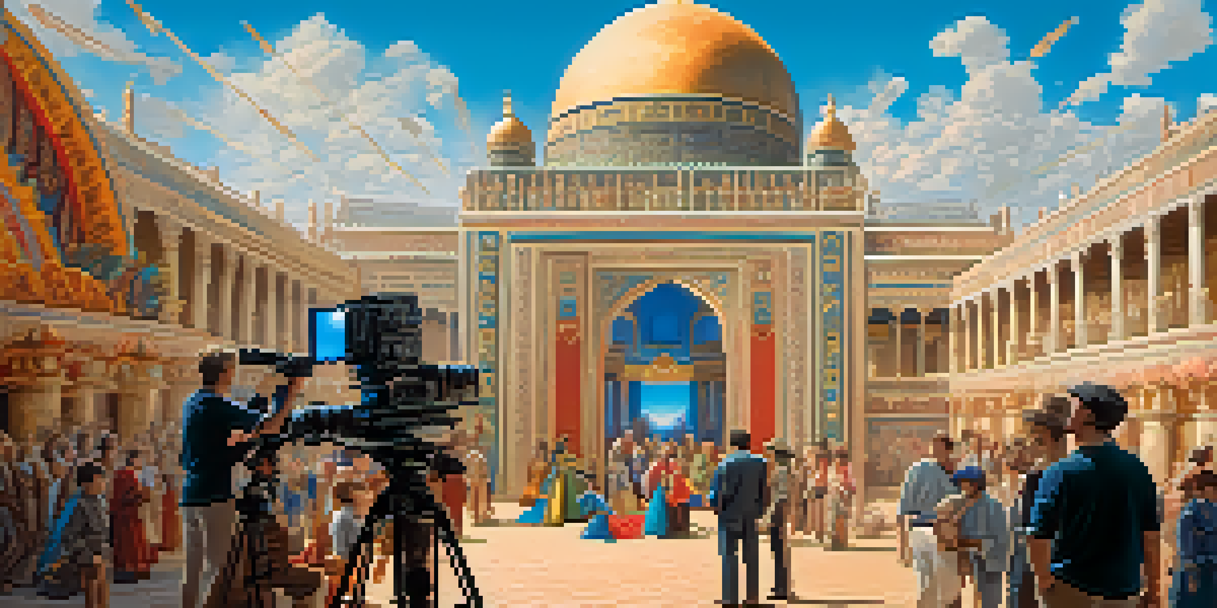 A film set with a director discussing a scene with actors in costumes, surrounded by crew members adjusting equipment.