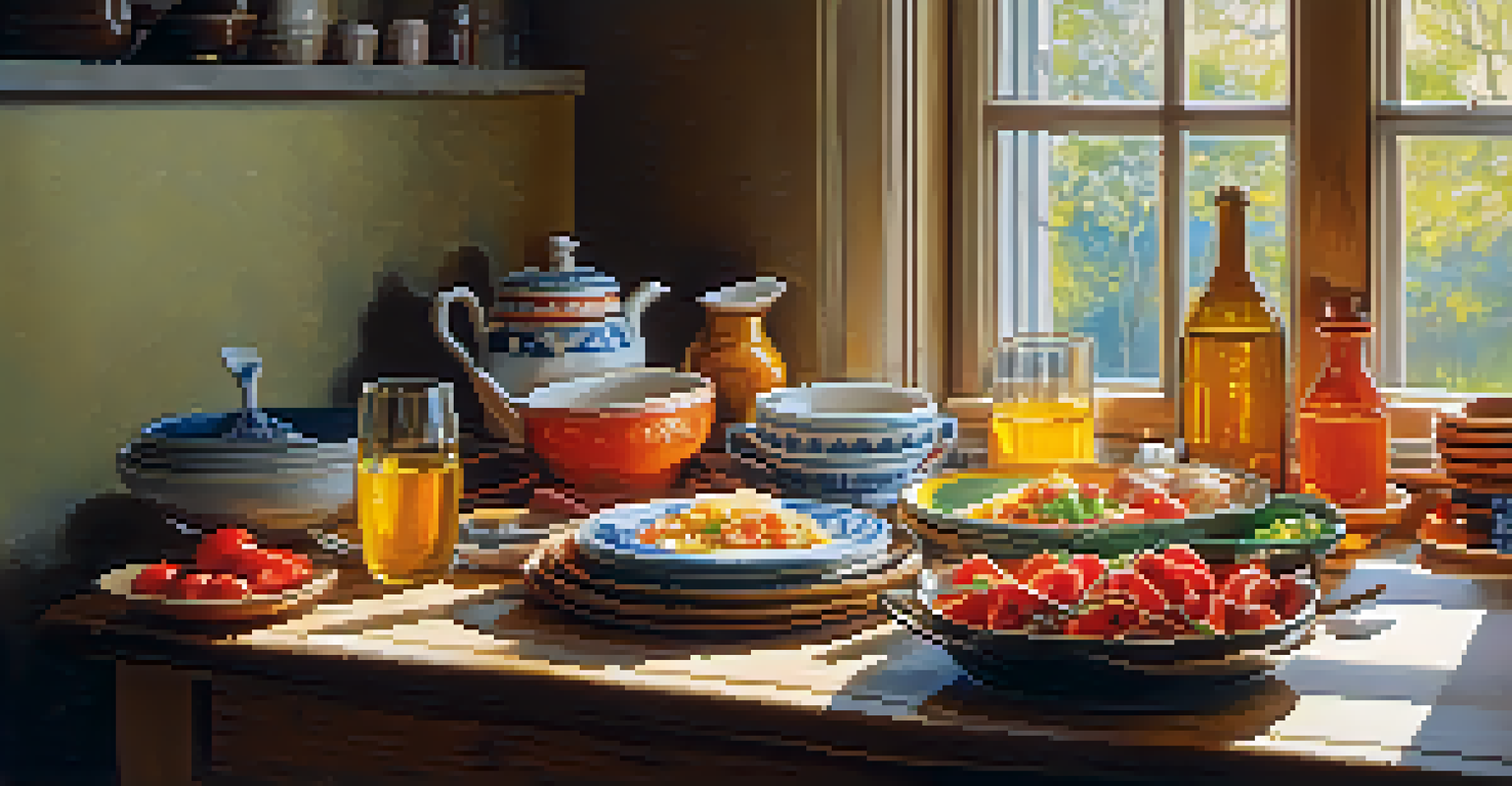 A cozy kitchen table set with colorful cultural dishes and utensils, illuminated by sunlight, creating an inviting atmosphere.