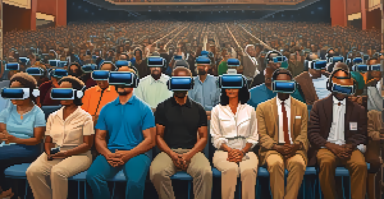Viewers in virtual reality headsets experiencing a historical civil rights event, with a detailed backdrop of activists and their struggles.