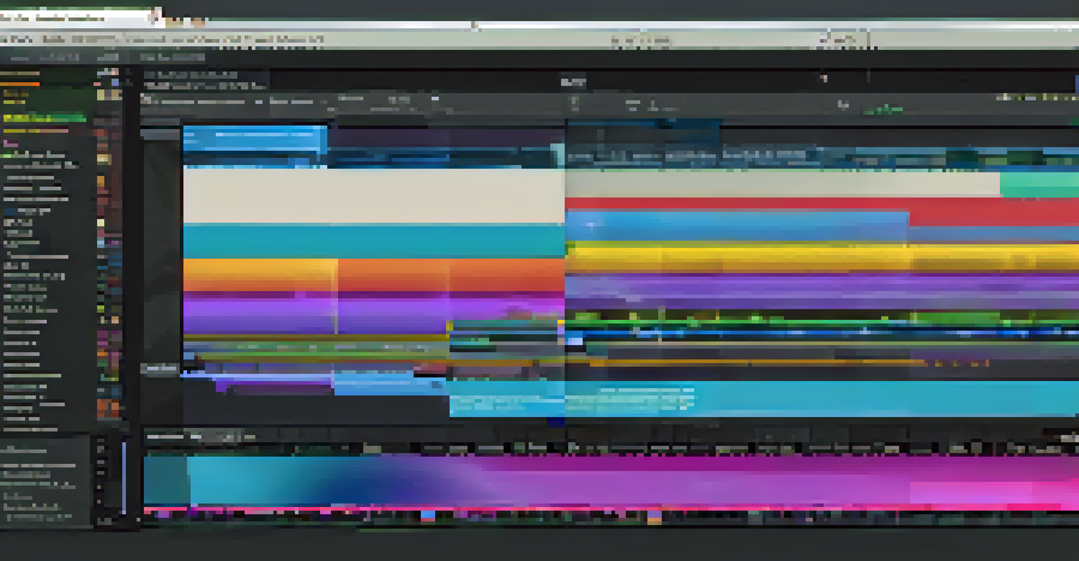 Close-up of film editing software on a computer screen with a colorful timeline of video clips and audio tracks.