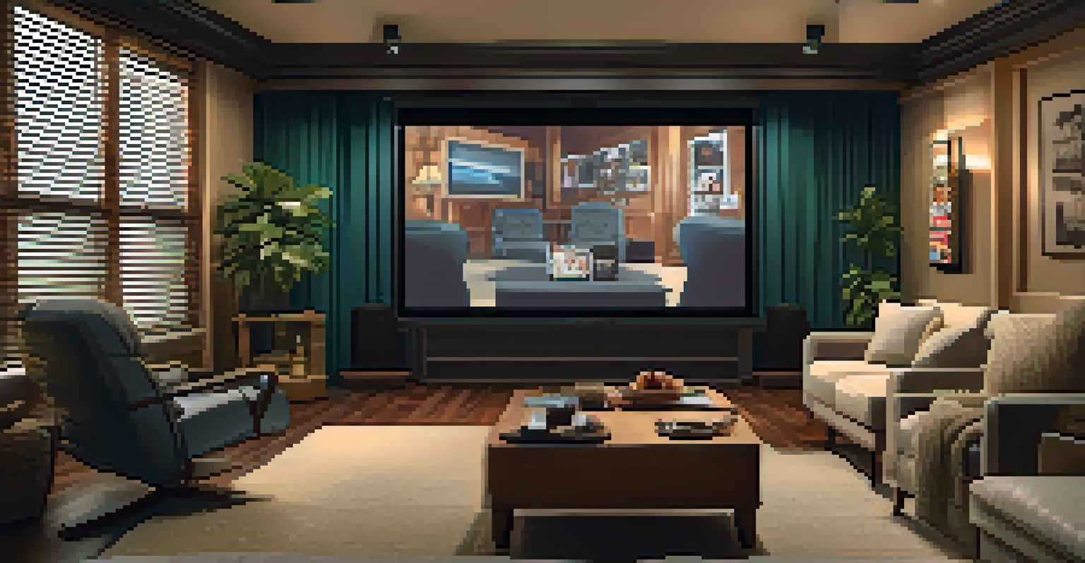 A cozy home theater with plush seating, a large screen, soft lighting, and movie posters, creating a warm atmosphere for film screenings.