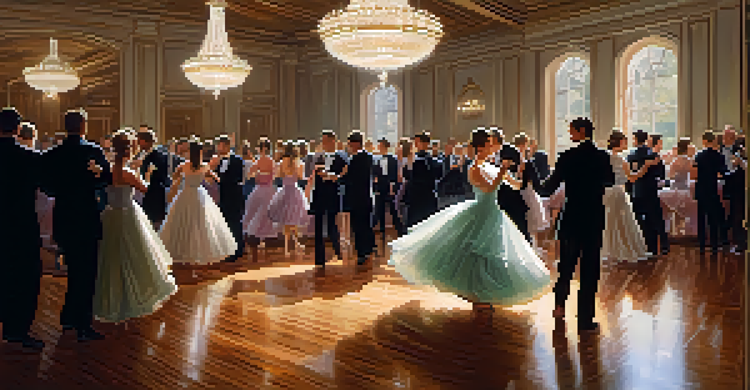 Couples dancing in a glamorous ballroom under a chandelier, showcasing diversity and joy in a romantic setting.