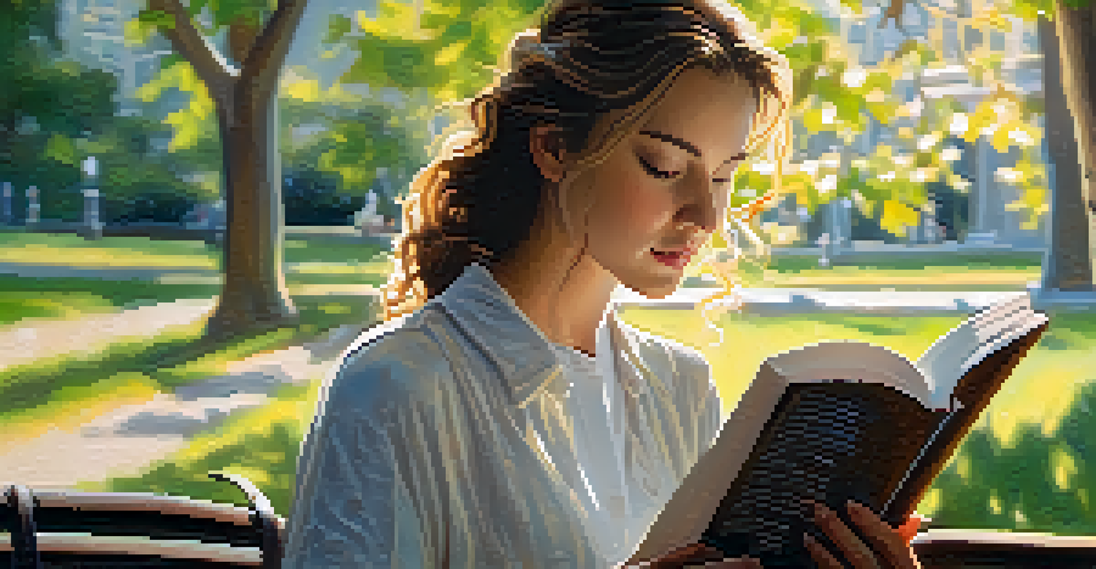 A close-up of a young woman reading on a bench, with sunlight filtering through leaves.