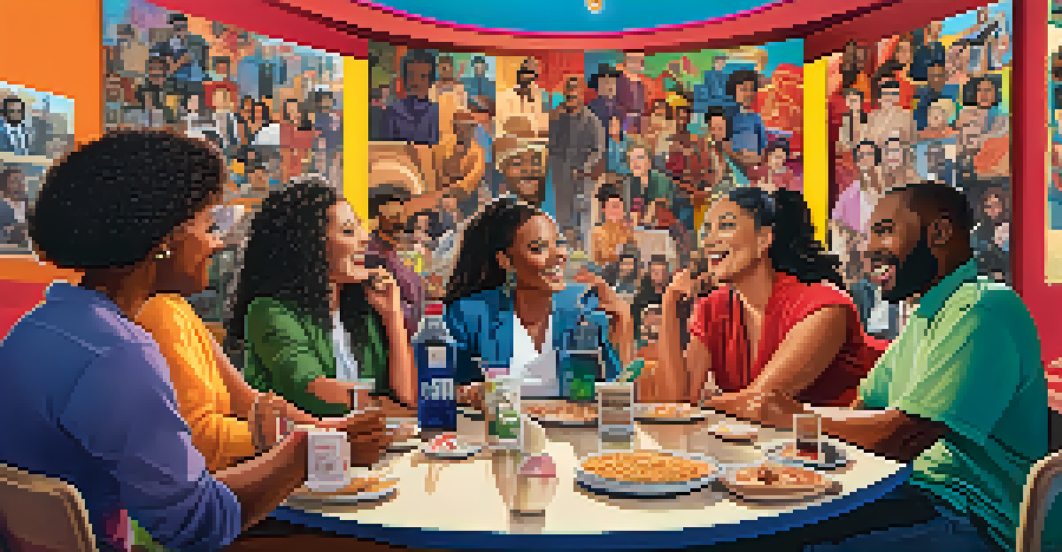 Diverse podcast hosts animatedly discussing films at a round table, with a colorful mural of movie scenes in the background.