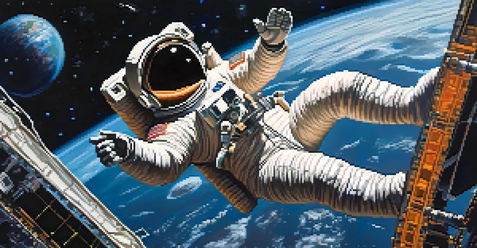 An astronaut floating in space with Earth in the background and a starry sky.