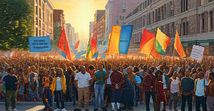 A diverse group of peaceful protesters holding colorful banners in a city square, with a sunset in the background.