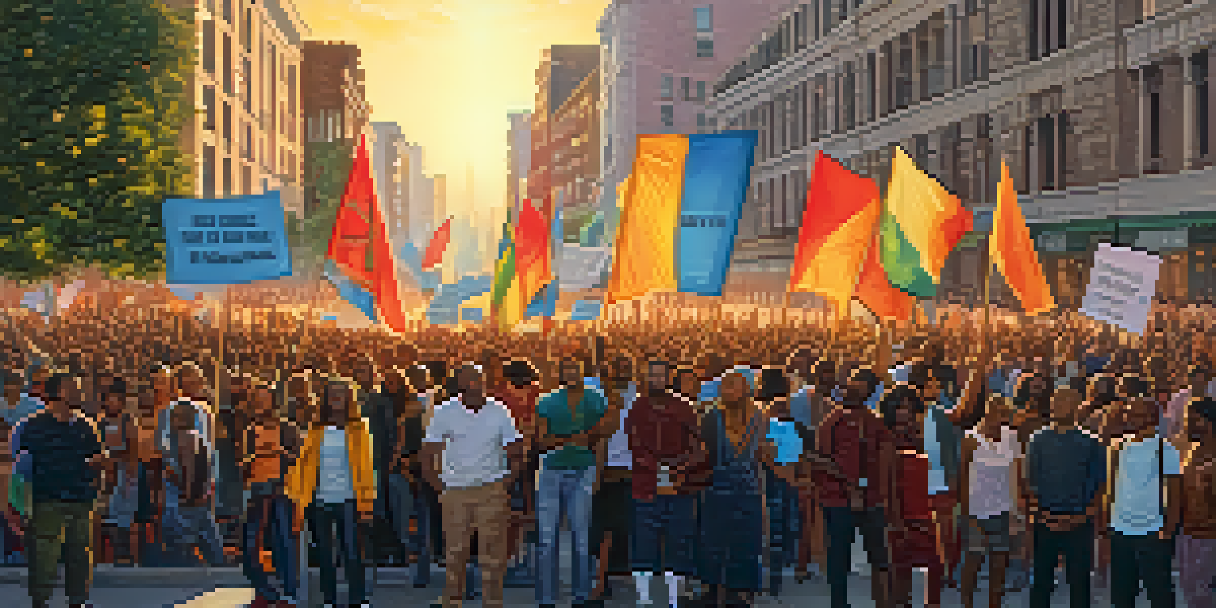 A diverse group of peaceful protesters holding colorful banners in a city square, with a sunset in the background.