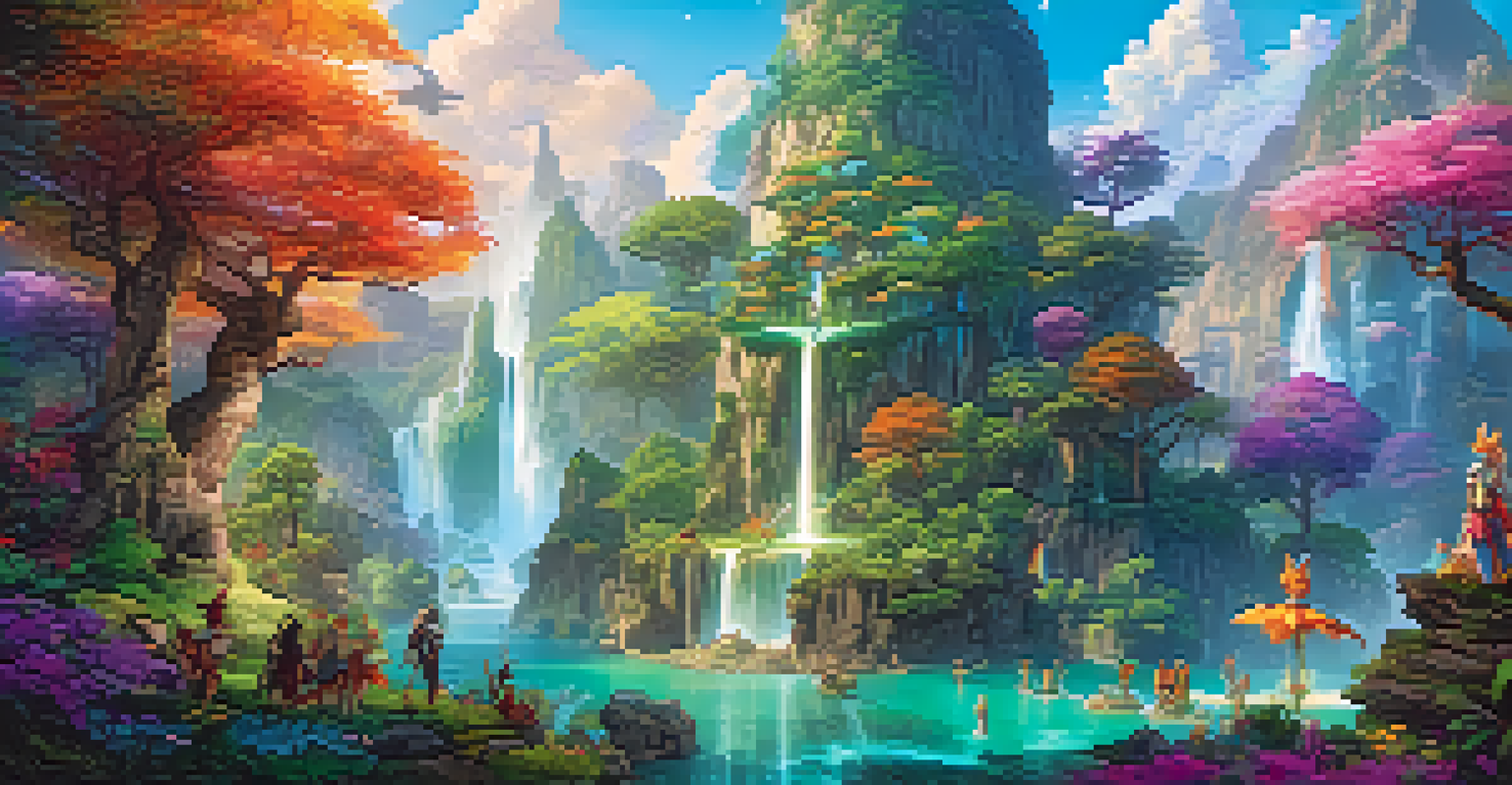 A colorful fantasy world with a hero character and diverse allies in a vibrant setting with magical elements.