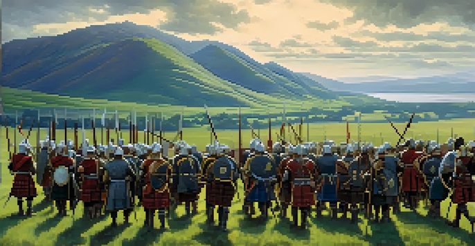 A group of Scottish warriors in traditional armor on a battlefield, with rolling green hills and a cloudy sky in the background.