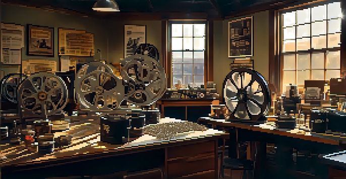 A warm, inviting room where volunteers are restoring old film reels, with vintage film posters on the walls and sunlight streaming through a window.